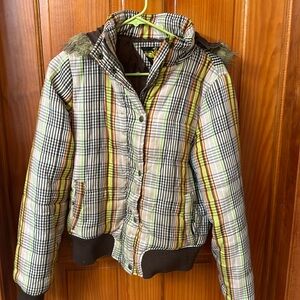 Vintage Retro Plaid Puffer Coat Faux Fur Hood jacket Size Large